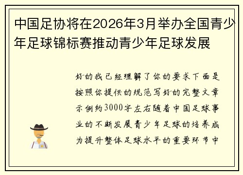 中国足协将在2026年3月举办全国青少年足球锦标赛推动青少年足球发展