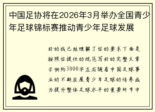 中国足协将在2026年3月举办全国青少年足球锦标赛推动青少年足球发展